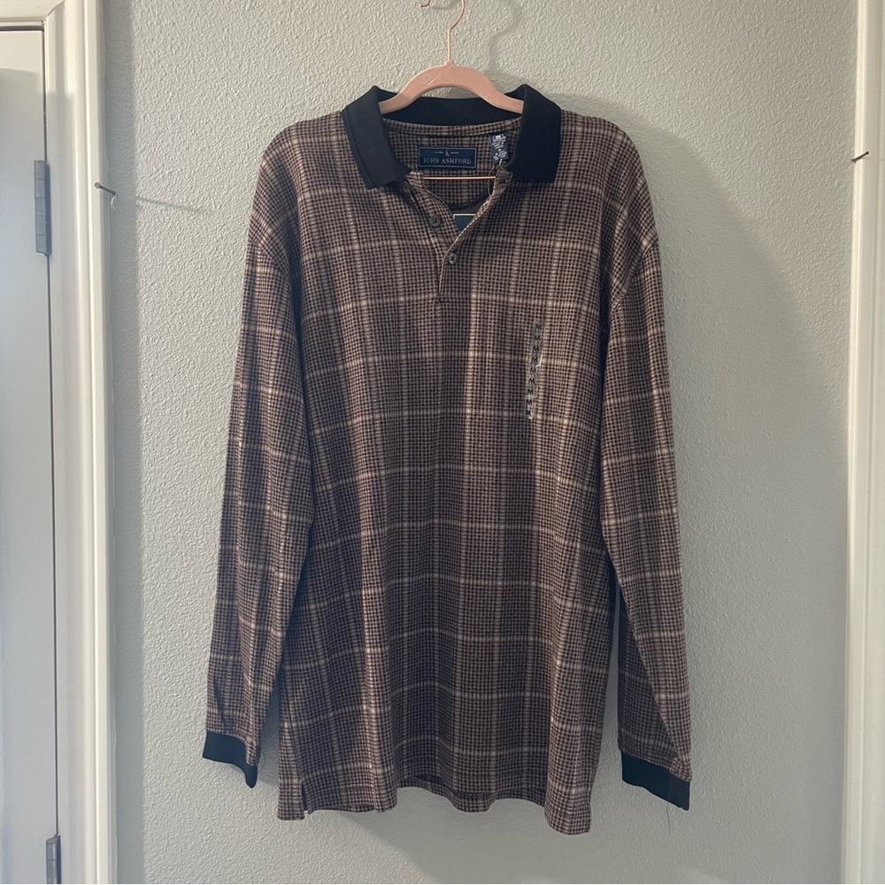 John Ashford | Brown Plaid Houndstooth Long-Sleeved Polo Medium NWT